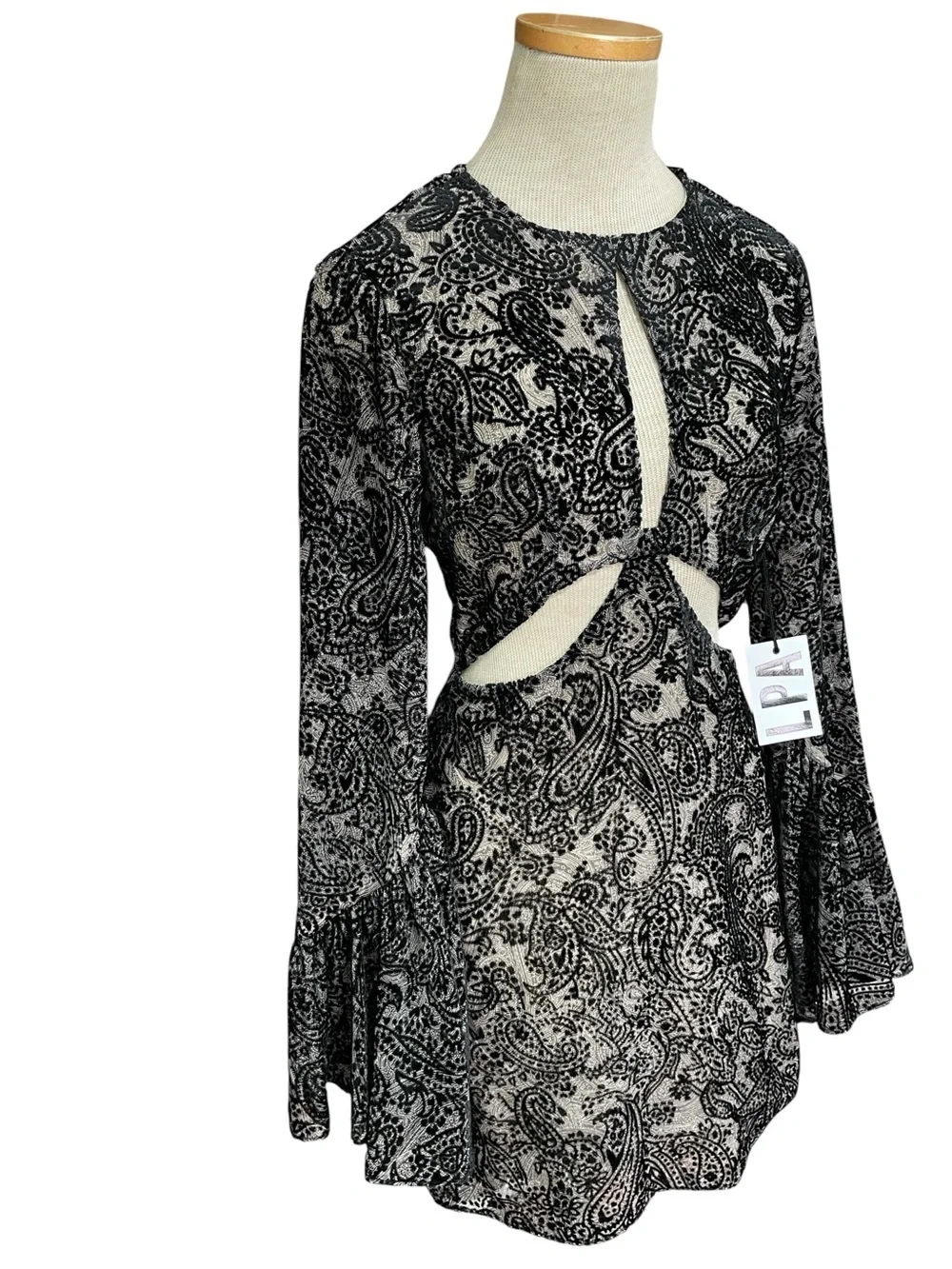 LPA Revolve Dress Cut Outs Bell Sleeves Black Paisley NWT Size XS
